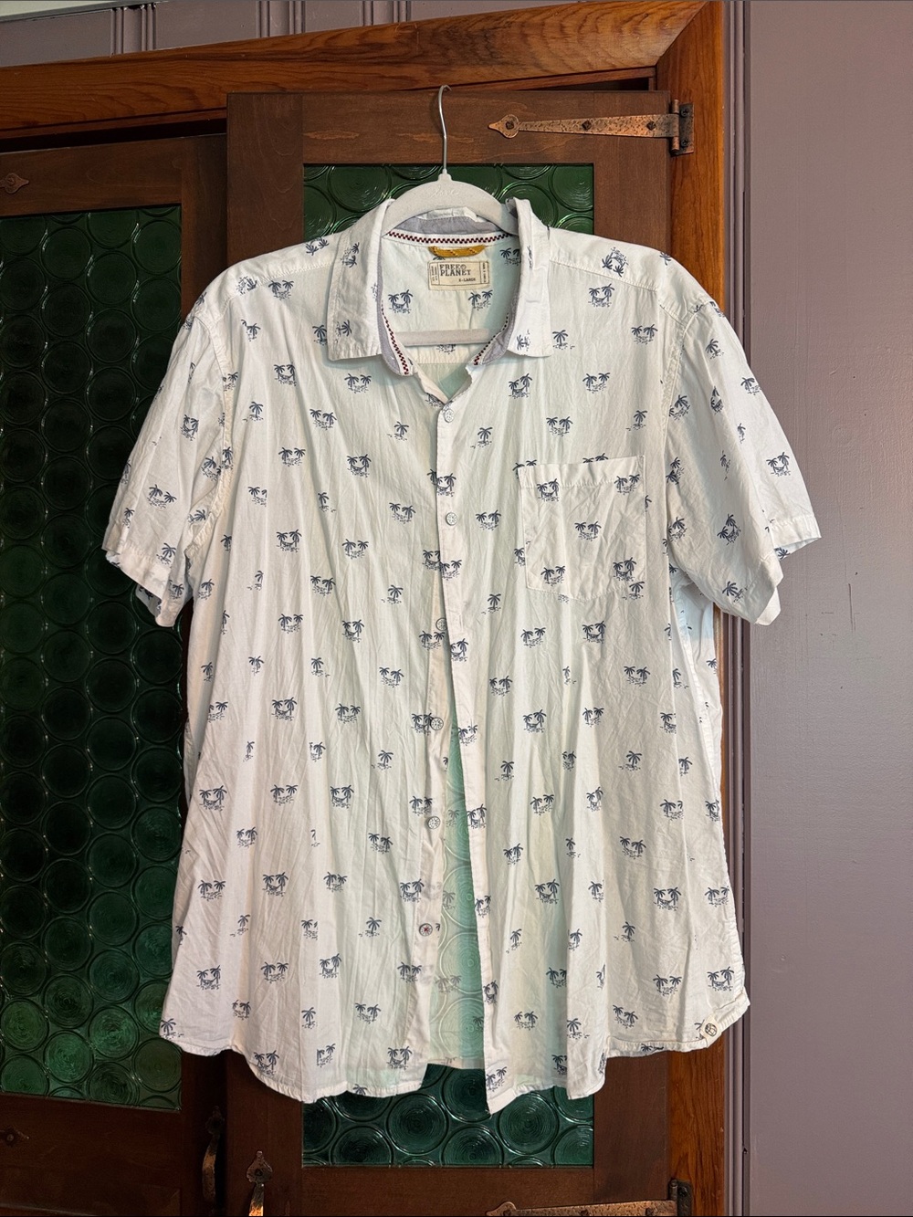 Free Planet White Short-Sleeve Button-Down with Navy Floral Print
